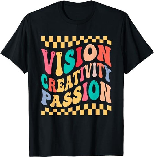 Funny Men Shirts, Vision Creativity Passion Funny Retro Groovy T-Shirt Menswear Top Casual Cotton Fashion Tee