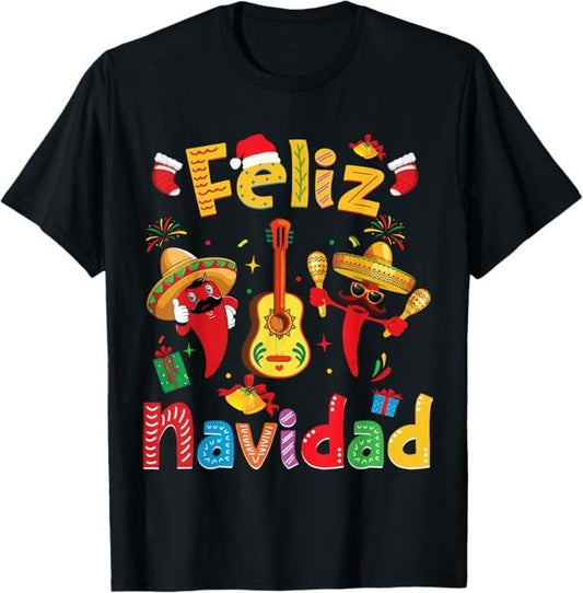Funny Mexican Christmas Shirt, Christmas Gift, Feliz Navidad Mexican Fiesta Hot Pepper Guitar Xmas Party T-Shirt - Menswear Top