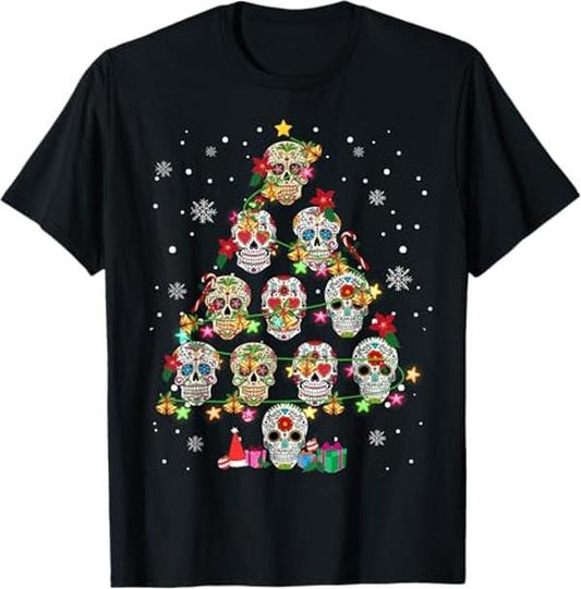 Funny Mexican Christmas Shirt, Christmas Gift, Skull Christmas Tree Funny Mexican Flower Sugar Skull T-Shirt - Menswear Top