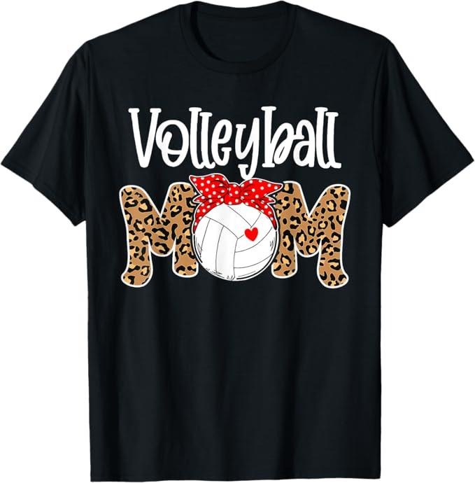 Funny Mother Shirts, Gift For Mom, Volleyball Mom Leopard Messy Bun Game Day Funny Mothers Day T-Shirt
