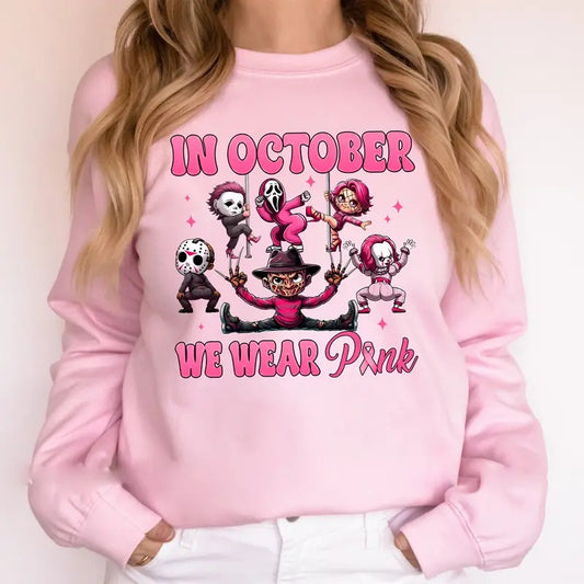 Funny October We Wear Pink Horror Movie Characters Shirt Sweatshirt, Breast Cancer Survivor Shirt, Pink Slasher Shirt, Horror Shirt Cotton Halloween