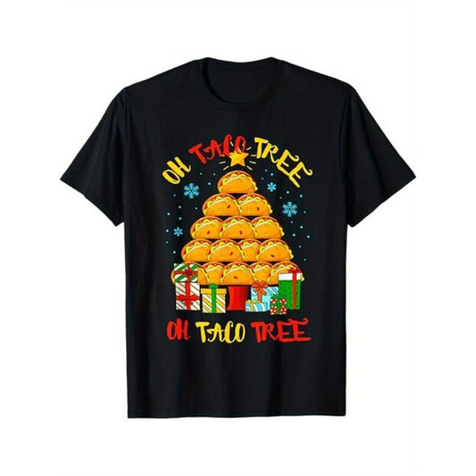 Funny Oh Taco Tree Mexican Christmas Xmas Party T-Shirt, 100% Cotton, Gifts for Men Dad Husband Grandpa, S-XXXL, Black made in usa