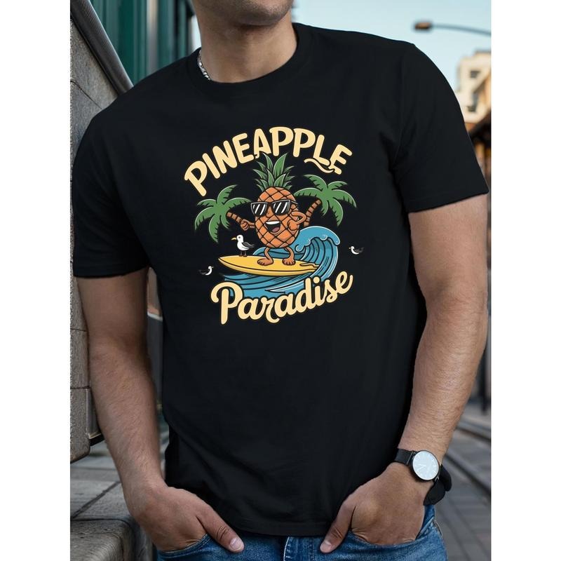 Funny Pineapple Surfing Pattern Print Tee Shirt, Comfy Loose Tees For Men, Casual Short Sleeve T-shirt For Summer made in...