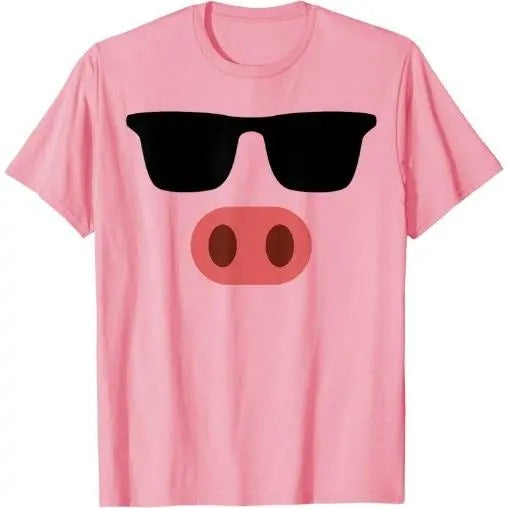 Funny Pink Pig Face Cool Sunglasses Cute Halloween Costume T-Shirt Made in USA