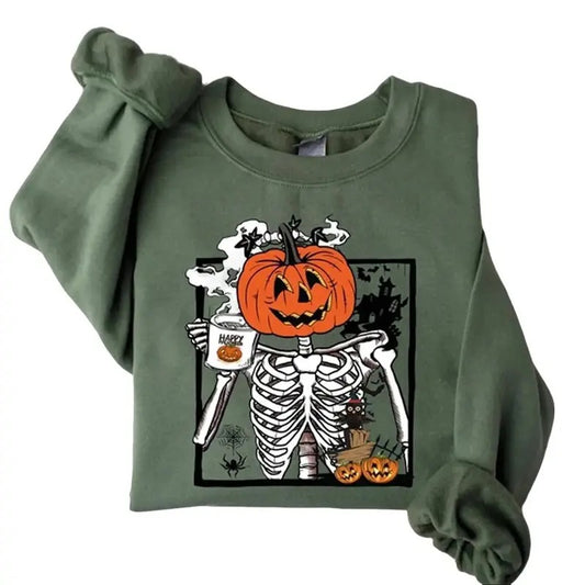 Funny Pumpkin Skeleton Drinking Coffee Sweatshirt, Coffee pumpkin Lover Unisex Sweatshirt Full Colors Full Sizes Menswear Hoodie