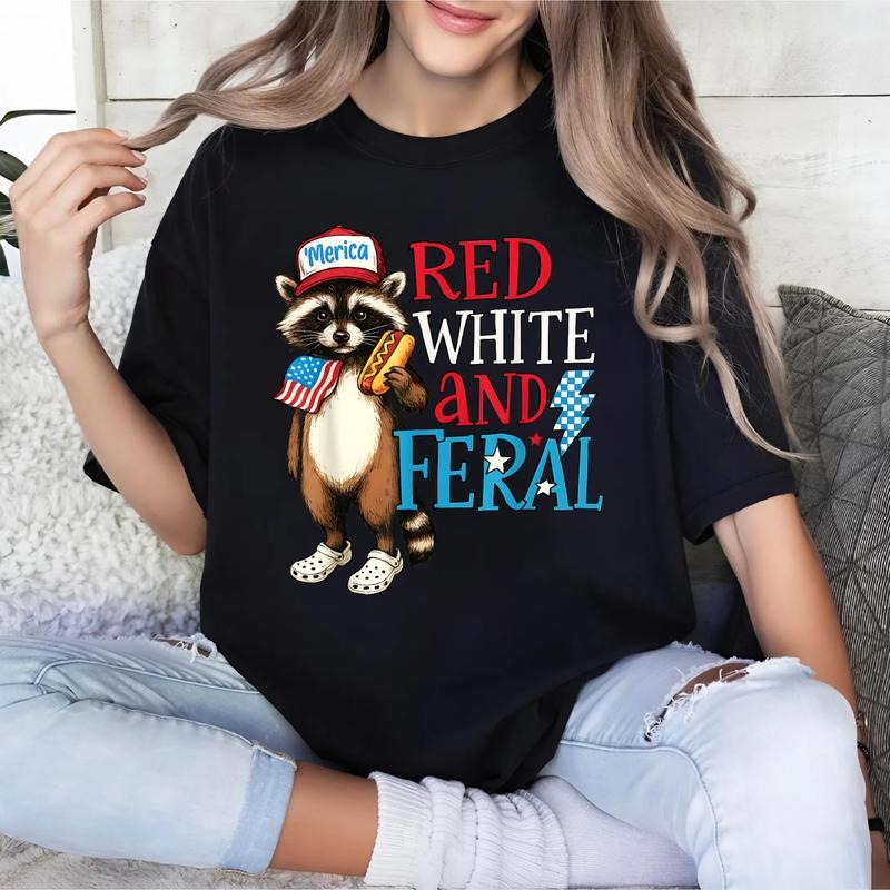 Funny Raccoon 4th FOG July Patriotic Cute Red White Gunpla brand Feral T-Shirt 100% cotton Tee Hoodie, Sweatshirt