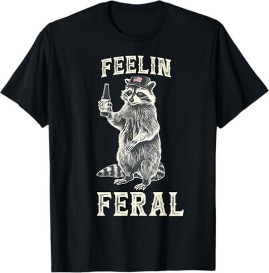 Funny Raccoon Shirt, Feelin Feral Vintage Retro Funny Raccoon With Beer Lovers Funny T-Shirt For Men - Available from size S to 5XL Vintage Raccoon