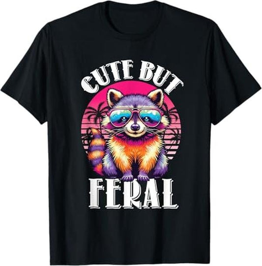Funny Raccoon Shirt, Funny Raccoon Shirt Cute But Feral Retro Racoon Sunglasses T-Shirt For Men - Menswear Top Vintage Raccoon