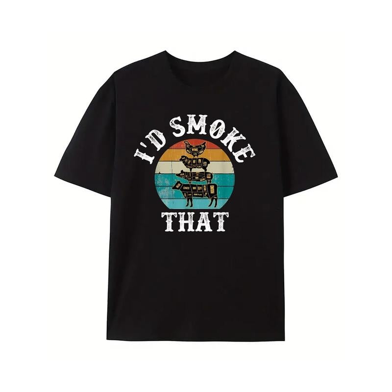 Funny Retro BBQ Party Smoker Chef Dad Graphic T-Shirt - Men's Casual Crew Neck Tee for BBQ Lovers, Funny Gift Idea for Dads, Smoker Enthusiasts, and Outdoor Cooking Fans - Humorous I'd Smoke That Design made in usa