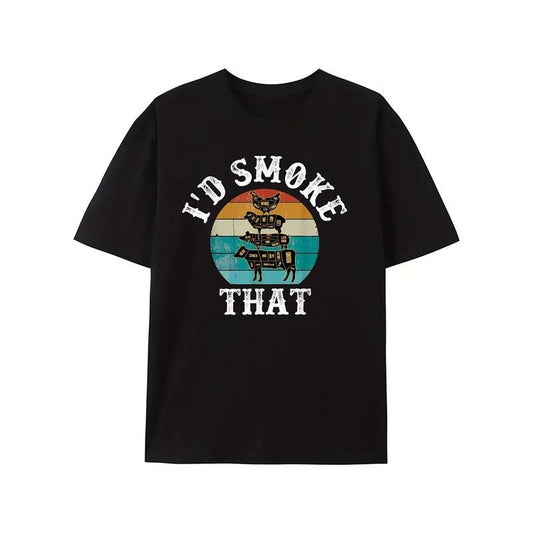 Funny Retro BBQ Party Smoker Chef Dad Graphic T-Shirt - Men's Casual Crew Neck Tee for BBQ Lovers, Funny Gift Idea for Dads, Smoker Enthusiasts, and Outdoor Cooking Fans - Humorous I'd Smoke That Design made in usa