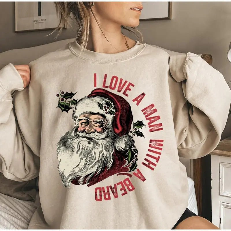 Funny Santa Beard Sweatshirt Cute Christmas Shirt For Women Christmas Crewneck Graphic Christmas Womenswear Hoodie
