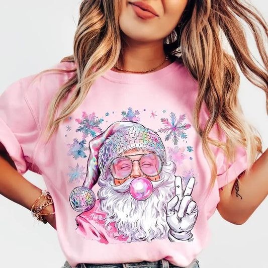 Funny Santa Chewing Gum Pink Snowflakes Christmas T-shirt Cotton Womenswear
