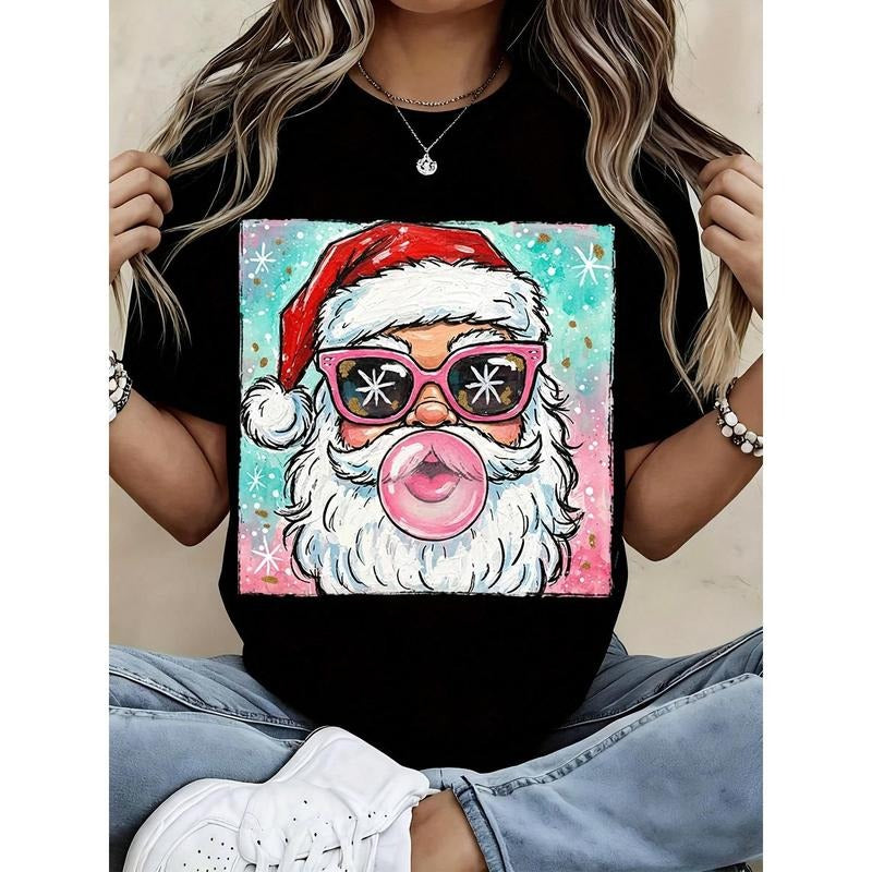 Funny Santa Claus With Pink Sunglasses Gunpla brand Bubble Gum Christmas T-Shirt For Women, Holiday Party Shirt, Festive...