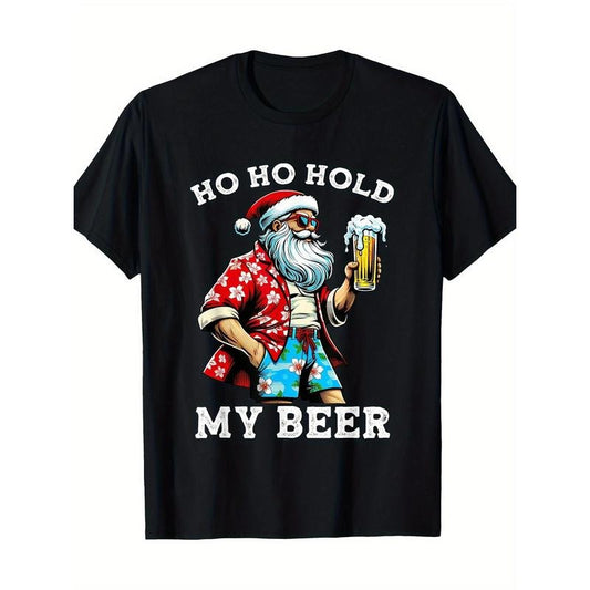 Funny Santa with sunglasses and beer in his July Christmas T-shirt made in usa