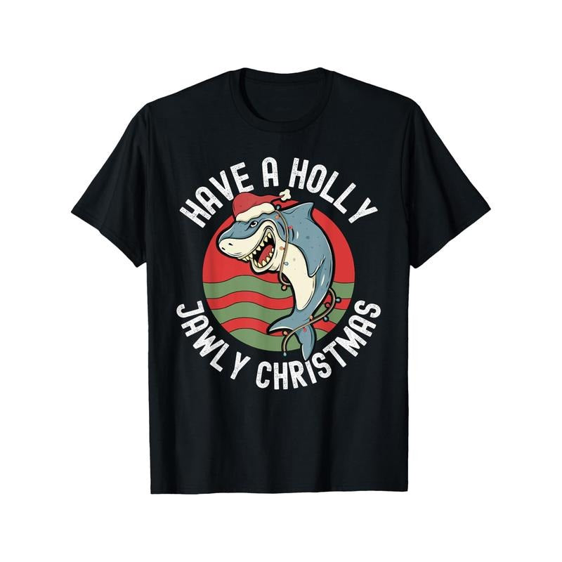 Funny Shark Lover Christmas Holly Jawly Santa Jaws Pun T-shirt Comfortable, Casual Short Sleeve, Daily Wear, All Season, Black, Men Made in USA