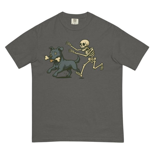 Funny Skeleton Chasing Blue Pitbull Dog Halloween T-Shirt | Spooky Graphic Tee Comfort Colors Style