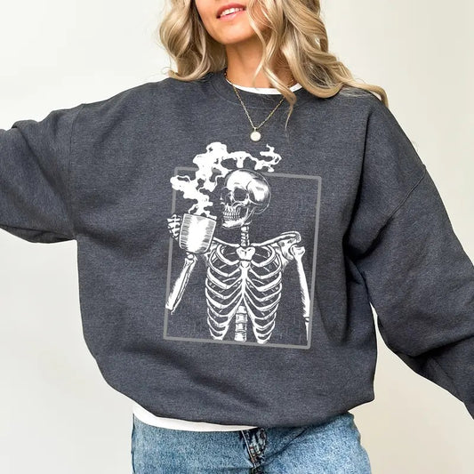 Funny Skeleton Drinking Coffee Sweatshirt, Halloween Skeleton Crewneck, Creepy Skeleton Sweater, Coffee Lover Gift Shirt, Spooky Season Sweatshirt, Halloween Party Tee, Comfy Long Sleeve Pullover, Women's Tops, Casual Womenswear, Comfort Fabric Cotton Top