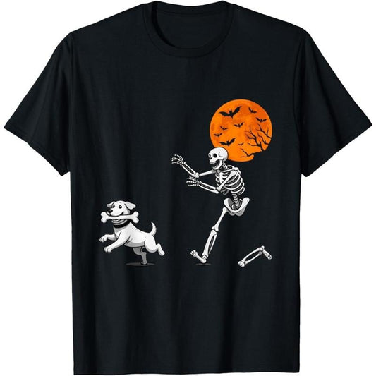 Funny Spooky Humor Halloween Skeleton Chasing Dog T-Shirt made in usa