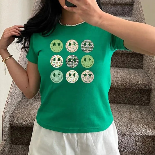 Funny St Patrick's Day Baby Tee, Happy Face Baby Tee, St Patrick's Baby Tee, Retro St Patrick's Day, Y2K 2000's Style, Streetwear Style