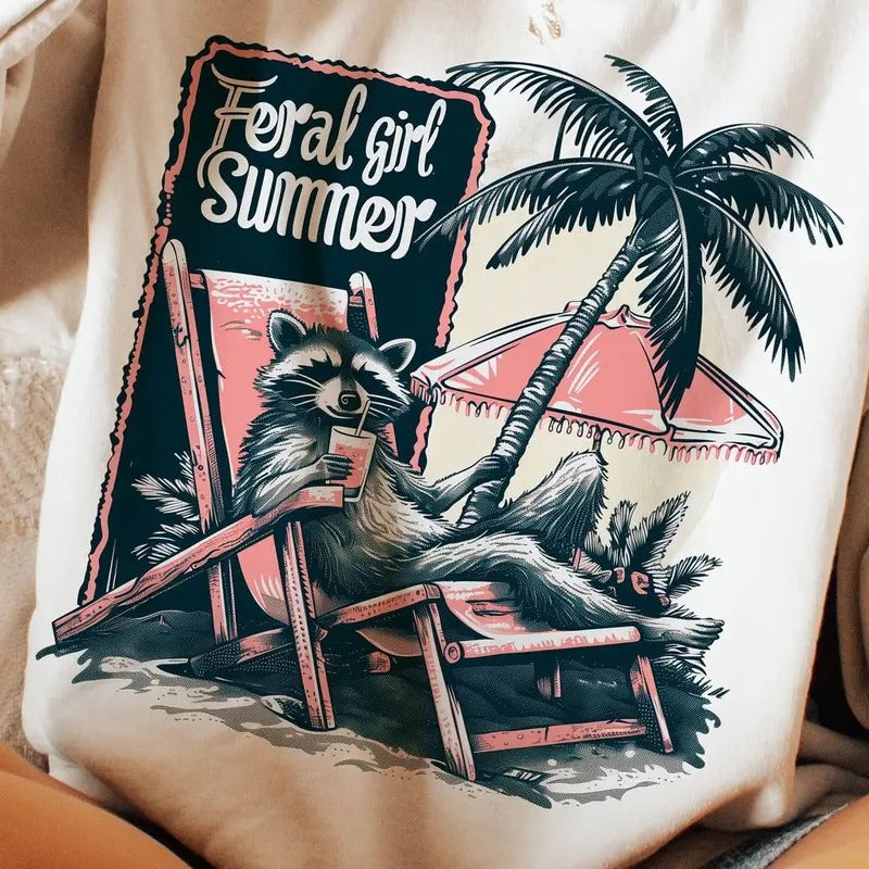 Funny Summer T-Shirt: Feral Girl & Raccoon Designs for WB shield Hilarious Summer Look! Hoodie, Sweatshirt | DripVista.com