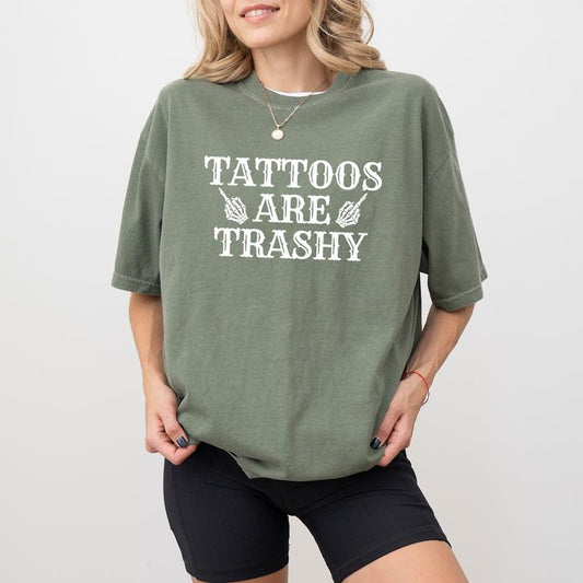 Funny Tattoos Are Trashy Shirt, Skeleton Tattoos Are Trashy Sarcastic Tee, Gothic Tattoos Are Stupid Graphic Printed Tee, Anti-Tattoo Shirt, Funny Gift For Tattoos Lover, Oversized Women's Tops, Casual Womenswear, Soft Cotton Fabric Relaxed Fit Chic Style
