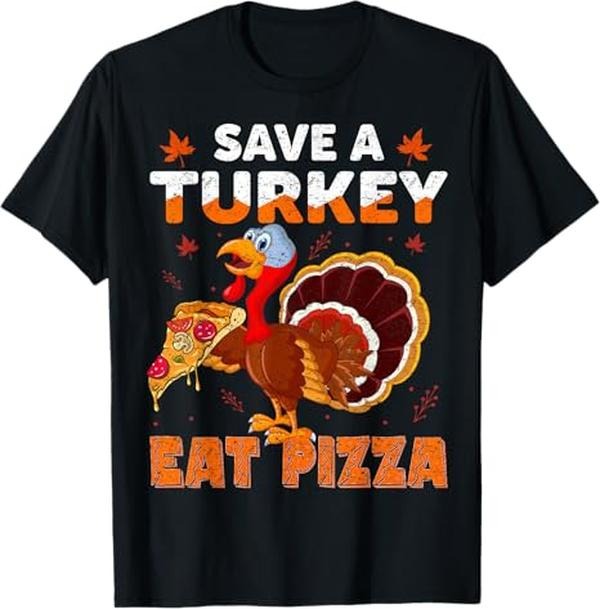 Funny Thanksgiving Shirts, Save a Turkey Eat a Pizza Funny Thanksgiving Costume T-Shirt - Menswear Top