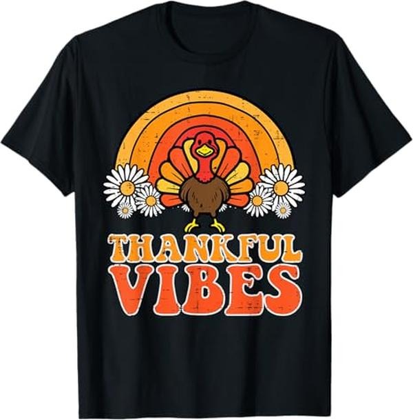 Funny Thanksgiving Shirts, Thankful Vibes Turkey Rainbow Funny Retro Thanksgiving T-Shirt