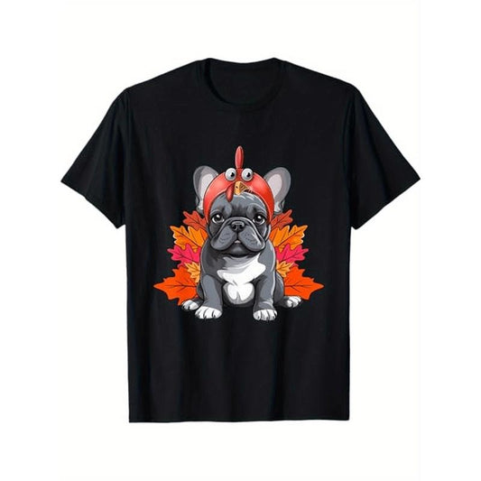 Funny Turkey & French Bulldog Thanksgiving Tee - 100% Cotton, Casual Fit for Men & Women, Perfect Gift for Friends & Family, Black Made in USA