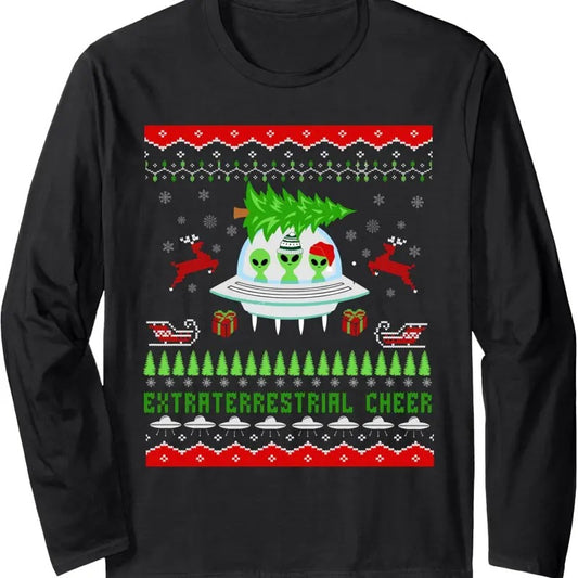 Funny Ugly Christmas Alien UFO Santa Reindeer Tree Gift Kids Long Sleeve T-Shirt