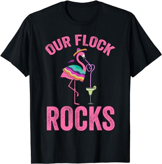 Funny Vacation Shirt, Our Flock Rocks Cute Flamingo Matching Family Vacation Group T-Shirt Menswear Casual Cotton