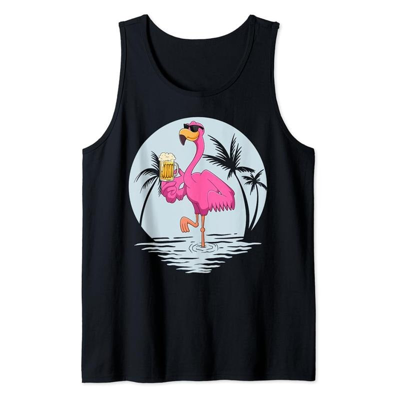 Funny Vacation Tank Top, Funny Pink Flamingo Bird With Mug Of Beer Summer Vacation Tank Top Unisex Casual Cotton