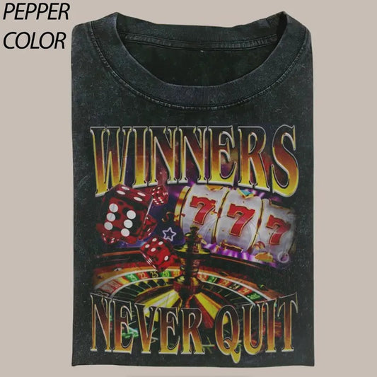 Funny Winners Never Quit Funny Gambling Bootleg T-shirt, Vintage Poker Graphic Tee Gift For Boyfriend Menswear Top Streetwear