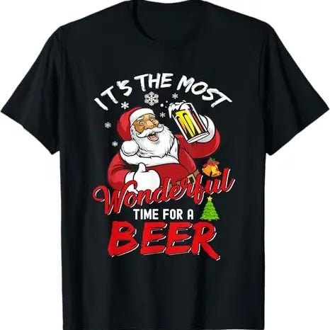 Funny Xmas Men Women Family T-Shirt, Funny Christmas Santa Claus Drinking Beer Wonderful Time T-Shirt - Menswear Top