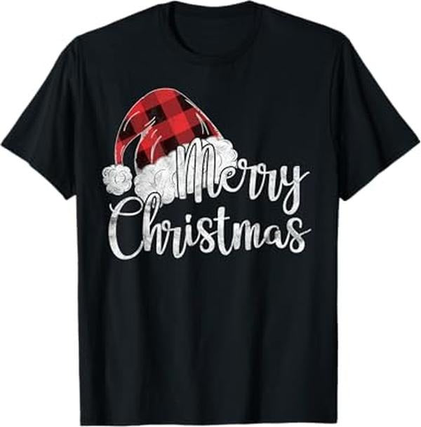 Funny Xmas Men Women Family T-Shirt, Merry Christmas Gift Cute Plaid Santas Hat Funny Women Xmas T-Shirt