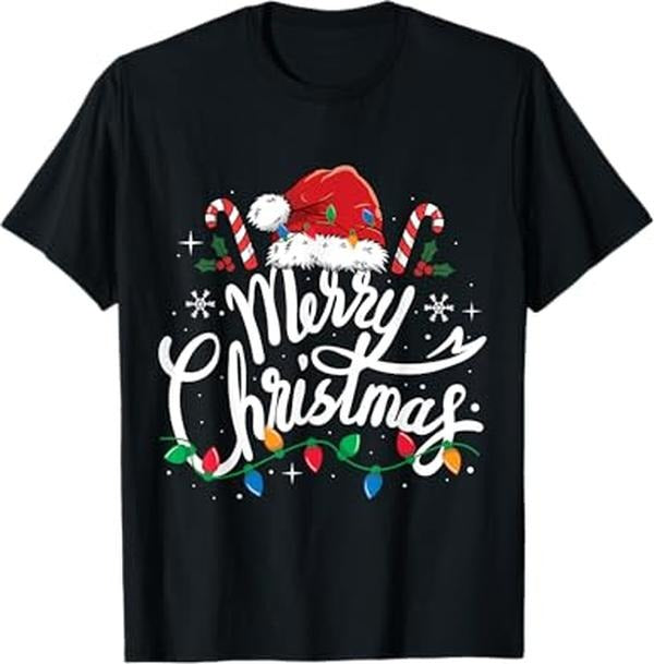 Funny Xmas Men Women Family T-Shirt, Merry Christmas Lights Red Santa Hat Xmas Family T-Shirt
