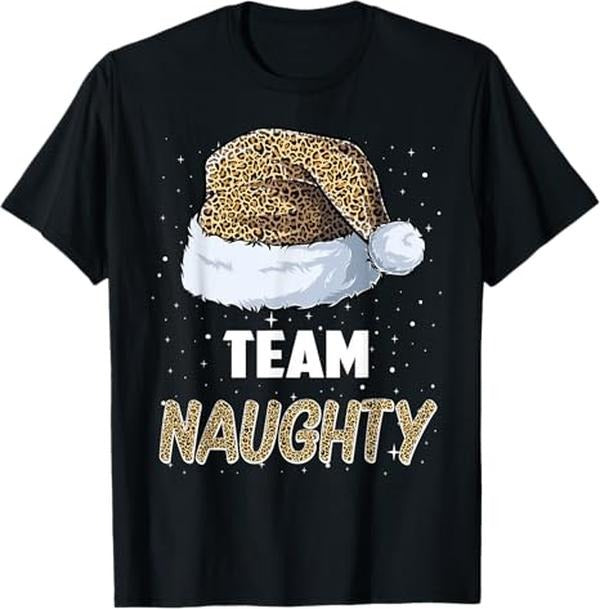 Funny Xmas Men Women Family T-Shirt, Team Naughty Santa Leopard Hat Pajamas Family Xmas T-Shirt