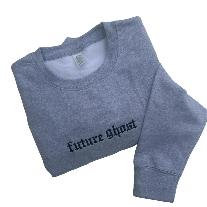Future Ghost Embroidered Crewneck Sweatshirt Alternative Fashion Long Sleeve Crewneck  Cotton