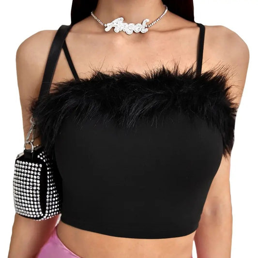Fuzzy Trim Spaghetti Strap Cami Top Sleeveless Party Rave Crop Tank Tops