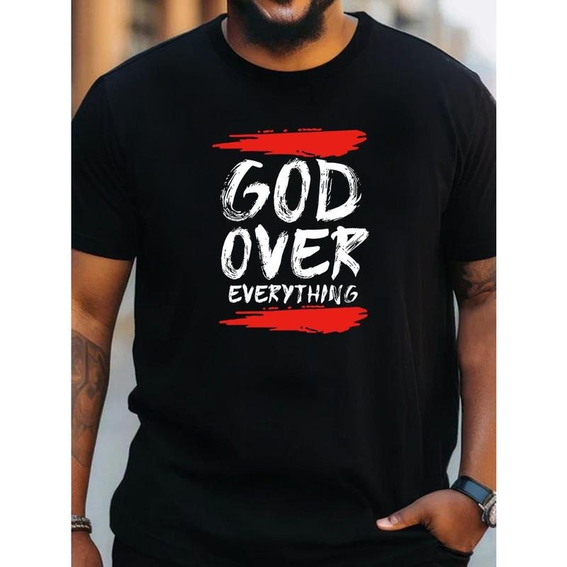 'GOD OVER EVERYTHING' Print Casual T-Shirt For Men, Breathable Short Sleeve Loose Sports Tee Big & Tall Summer Clothing Made in USA