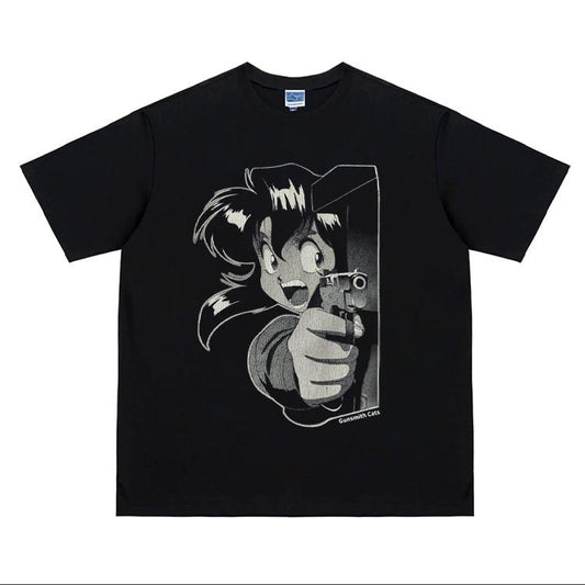 GUN SMITH CATS "Aiming" Heavyweight Vintage Tee 100% Cotton OVERSIZED Anime T-shirt Menswear Top Crew Necks Tshirt Casual Streetwear Black Crewneck Tropical Shortsleeve