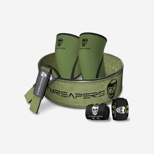 GYMREAPERS Strength Kit - 10MM Lever Belt, 7MM Knee Sleeves, Padded Lifting Straps & 18" Wrist Wraps