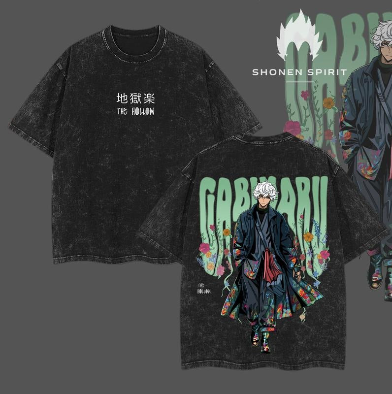 Gabimaru - Mouthless cat'WB shield Paradise Anime Double Printed Vintage Washed Tee Unisex Oversize Anime Manga Washed...