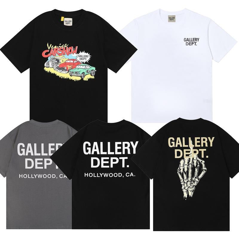 Gallery Dept T Shirt Classic Letter Slogan Auto Show Skull Finger Print Round Neck Cotton Men and Women 2 Sides T-shirt, Casual Top