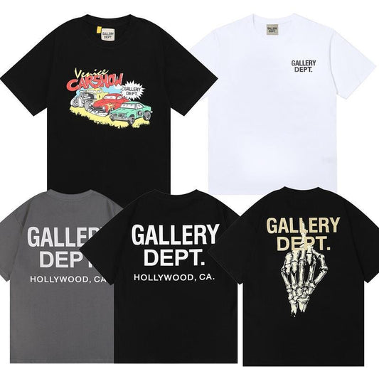 Gallery Dept T Shirt Classic Letter Slogan Auto Show Skull Finger Print Round Neck Cotton Men and Women 2 Sides T-shirt, Casual Top