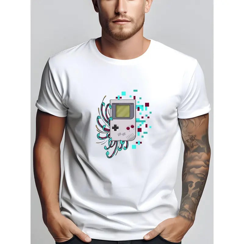 Game Console Print T-shirt, Stylish Gunpla brand Breathable Street Fashion for Men, Simple Comfy Top, Casual Crew Neck...