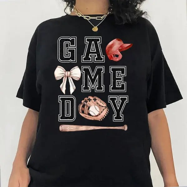 Game Day Baseball Bow Shirt, Coquette Baseball Shirt, Game day Shirt, Baseball Mom, Baseball Graphic Tees
