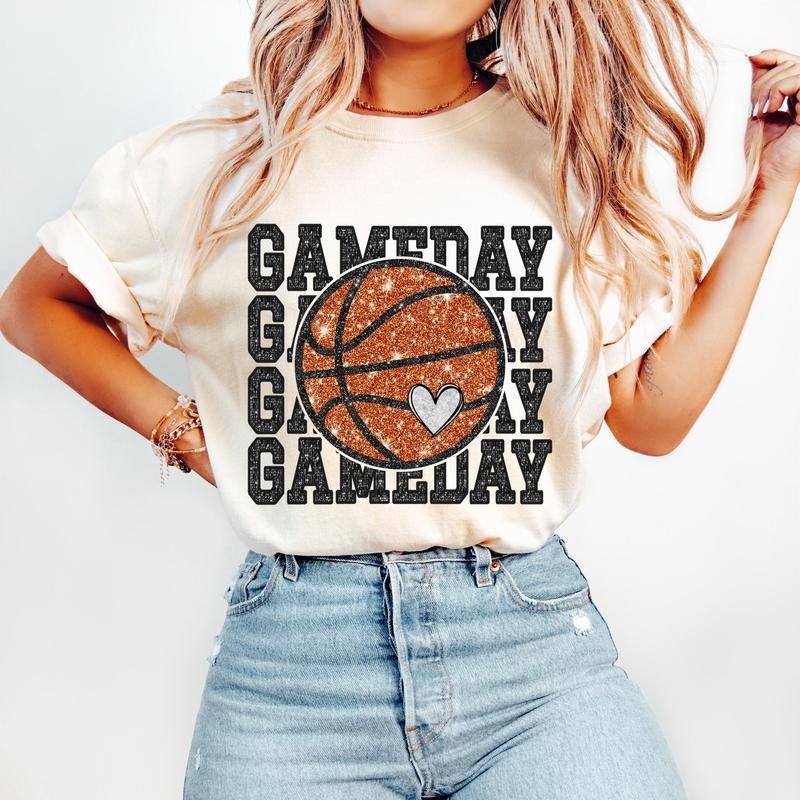 Game Day Basketball T-Shirt, Basketball Mom Sports T-Shirt, Faux Sequin Football Season Cotton Fabric