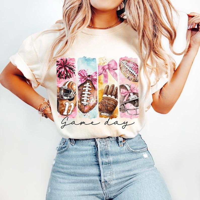 Game Day Football Coquette Bow, Mama, Football Mom, Brushstroke Football, Touchdown Tshirt Hoodie, Sweatshirt | DripVista.com