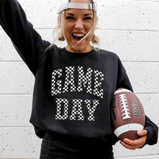 Game Day, Checkered, Football, Sports, Big Game, Touchdown, Tailgate Party Sweatshirt, Women's Crew Neck, Crewneck