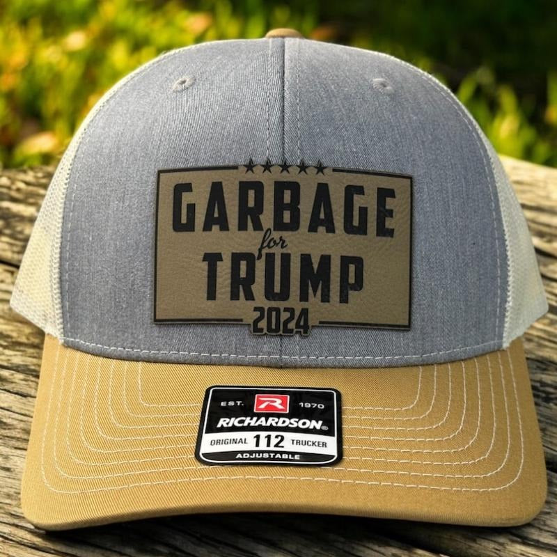 Garbage for Trump 2024 Leather Patch Hat | Custom Trucker Hat | MAGA Hat Gift For Him Unique | Richardson 112 or Flexfit...